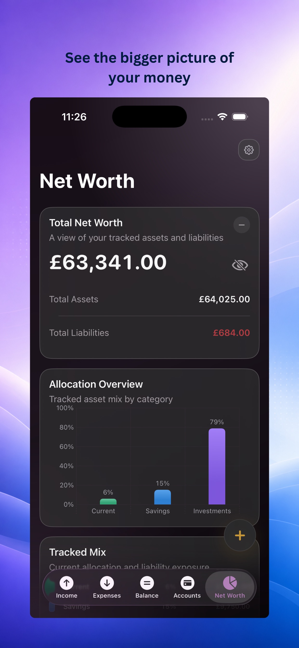 Ascentist Finance Net Worth screen showing total assets, liabilities, and allocation overview