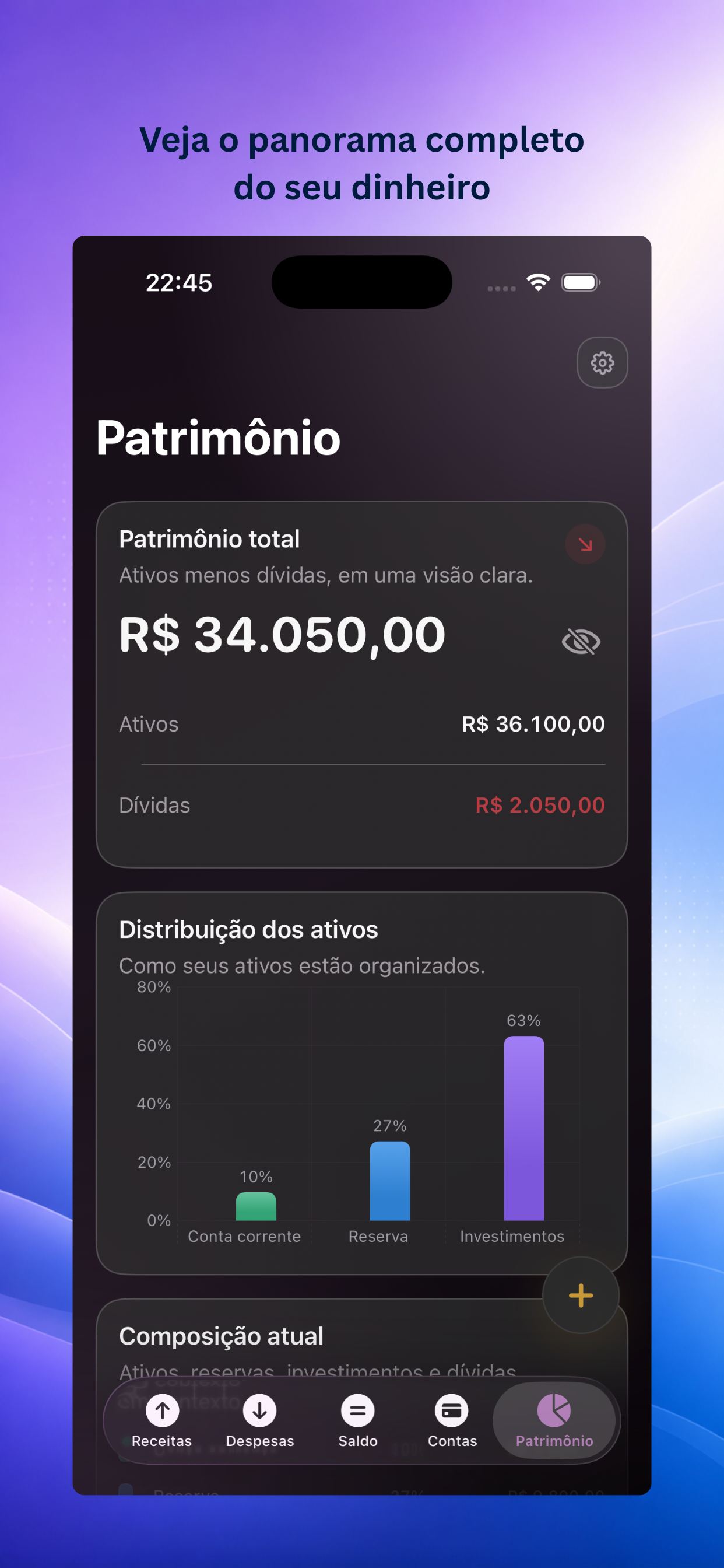 Tela de Patrimônio do Ascentist Finance em português